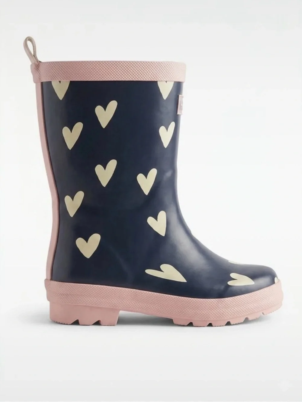 Hatley Navy Rain Boots with Cream Hearts and Pink Trim
